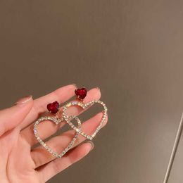 Stud 2023 Korean Fashion Jewelry Shining Rhinestone Hollow Heart Drop Earrings for Women Girls Vintage Red Crystal Earrings J230717