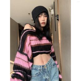 Women's Sweaters Korean Autumn Long Sleeve Y2K Pink Cropped Women Sweater Striped Jumper Vintage Crewneck Pullovers Tops Punk Gothic