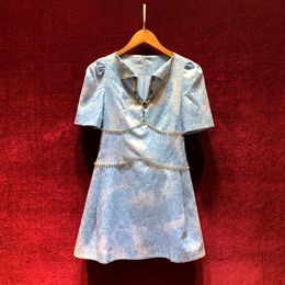 2023 Summer BlueSolid Color Jacquard Dress Short Sleeve V-Neck Knee-Length Casual Dresses A3Q122240