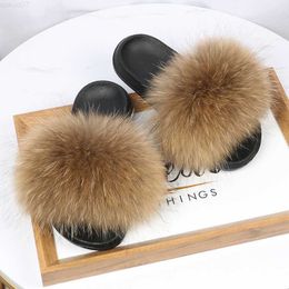 Slippers Authentic fox fur women slippers home outdoor furry flat sandals fluffy house shoes luxury brand 2022 L230717