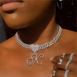 Pendant Necklaces 14mm Iced Out a z Cursive Initial Letter Cuban Necklace for Women Men Hip Hop Bling Crystal Chain Jewellery 230613