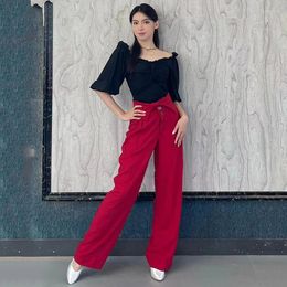 Stage Wear Ballroom Dance Tops Pants Women Practise Clothes Black Puff Short Sleeves Bodysuit Red Latin Trousers Adult Dancewear DNV18088