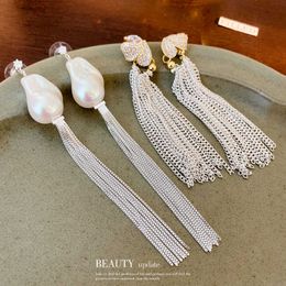 Stud Baroque Style Imitated Pearl Earring Cubic Zirconia Heart Earrings Long Tassels Exaggerated Korean Fashion Jewellery J230717