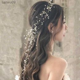 Bride Wedding Headdress Handmade Beaded Pearl Copper Wire Lengthened Wreath Headband Wedding Dress Accessories L230704