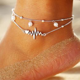 Anklets Bohemian Silver Color Heartbeat Pearl Bracelet On The Leg Fashion Barefoot For Women Chain Beach Foot Jewelry