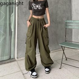 Women's Pants Gaganight Women Military Green Pockets Overalls Spring 2023 High Waisted Loose Leggings Retro Casual Wide Leg