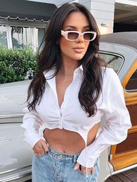 Women's Blouses Avrilyaan Fashion White Slim Turn-down Collar Shirt Women Long Sleeve Midriff-baring Button Top Street Casual