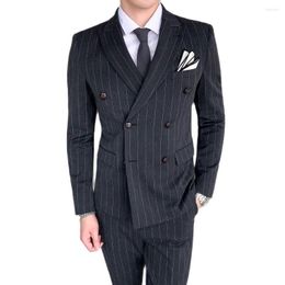 Men's Suits Stripe Men Suit Coat Set Male Double Breasted Slim Fit Business Formal Wedding Grooms 3 Pieces Blazers Jacket Pants Vest