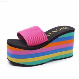 Slippers 2021 Summer Women Sandals Rainbow wedges Beach Flip Flops Home Slipper Ladies Outdoor Heels Shoes Non Slip Soft Zapatos Mujer L230717