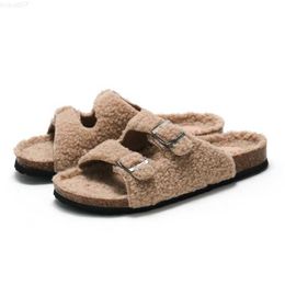 Slippers Autumn Winter Home Sheep Suede Fashion Cork Slippers Women Fur Slippers Warm Soft Luxurious Indoor Sexy Ladies Modern Slippers L230717