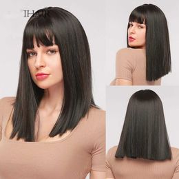 Synthetic Wigs Easihair Black Synthetic Hair Wigs Straight Medium Length Bob with Bangs for Women Natural Cosplay Heat Resistant 230227