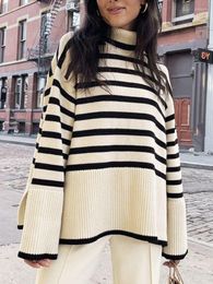 Women's Sweaters 2023 Ladies Autumn Winter Turtleneck Sweater Women Pullover Tops Clothes Black White Striped Loose Casual Jumpers Fe