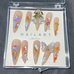 False Nails Glitter Tinkle Bell Butterfly Press On Nails Handmade Bling Christmas False Nails Long Stiletto Fake Nail With Glue 230715