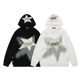 Harajuku Hoodie Streetwear Hip Hop Retro Embroidery Star Patch Graphic Print Hooded Sweatshirt Y2K Fashion Casual Loose Pullover