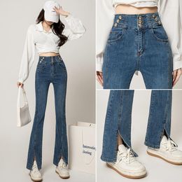 Women's Jeans Ladies Trouser 2023 Spring Summer Chic Clothes Front Button High Waist Denim Pants With Split Hem Black/Blue Casual Wears