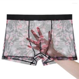 Underpants Sexy Lace Elasticity Transparent Breathable Seamless Men's Underwear Ice Silk Mesh Print Middle Waist Boxers A9