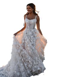Bohemian Beach Wedding Gowns 3D Florals Lace Backless Sweep Train Plus Size Boho Garden Bridal Party Dresses robe mariage