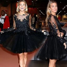 Homecoming Dress Graduation Black Prom Party Gown New Cocktail Plus Size Custom Gown Applique A Line O-Neck Long Sleeve Tulle Knee-Length