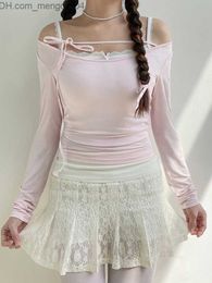 Women's Knits Tees IAMHOTTY Sweet Lace-up Slash Neck T-shirt Pink Kaii Long Sleeve Top Spring Casual Y2K Aesthetic Top Korean Cute Apparel 2023 Z230717