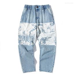 Men's Jeans 2023 Arrival Spring Light Colour Printed Youth Baggy Straight Large Pants Zipper Character Loose Full Length Men