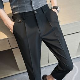 2023 Business Casual Suit Pants Men Ice Silk Breathable Suit Pants Ankle Length Slim Office Social Pants Wedding Groom Trousers