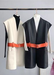 Women's Leather 2023 Spring Brand Designer High Quality Sheepskin Genuine Belt V-neck Vests Waistcoat B773