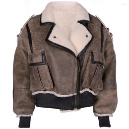 Women's Leather YOLOAgain Winter Warm Lamb Fur Lining Shearling Jacket Coat Women Oversized Vintage Ladies