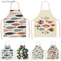 1Pcs Cartoon Fish Pattern Cleaning Colorful Aprons Home Cooking Kitchen Apron Cook Wear Cotton Linen Adult Bibs 53*65cmWQL0020 L230620