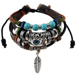 Trendy Evil Eye Bracelet Vintage Beaded Leather Wrap Charm Bracelets For Men Women Adjustable Xmas Gifts