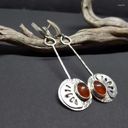 Dangle Earrings Vintage Orange Oval Stone Long Drop Women Ethnic Silver Color Carved Metal Statement Jewelry