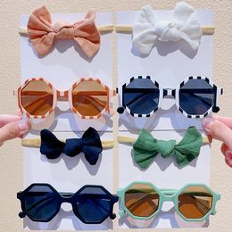 Hair Accessories 2 Pcs/Set 2023 Vintage Girls Summer Solid Colour Bowknot Hairband Irregular Polygon Crown UV400 Sunglasses Kids