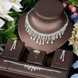 Necklace Earrings Set HIBRIDE Long Tassel Full Micro Pave 4PCS Cubic Zirconia Earring Jewelry For Dubai Women Bridal Formal Occasion N-80