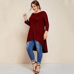 Women's Plus Size T-Shirt Plus Size Clothing Women Quarters Sleeve Long Loose Asymmetrical Hi Low Tops Solid Red Casual T-shirt Tunics Fashion Blouse 6XL 230715