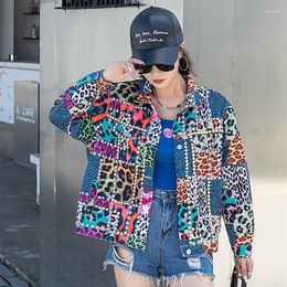 Women's Jackets 2023 Spring Autumn Rivets Leopard Printed Denim Bomber Jacket Loose Jeans Coat Contrast Colour Beaded Cardigan Streetwear