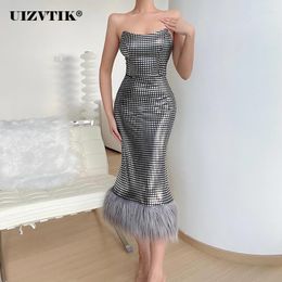 Casual Dresses Sexy Strapless Evening Summer For Women 2023 Elegant Sequins Feather Lady Dress Party Pencil Bodycon Midi Vestido