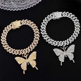 Anklets New Fashion Bling Crystal Butterfly Cuban Chain Anklet for Women Iced Out Rhinestone Link Bracelet Hip Hop Jewelry 230607