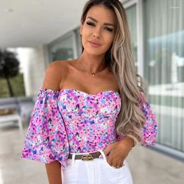 Women's Blouses Summer Off Shoulder Floral Women 2023Boho Casual Backless Blouse Female Holiday Slash Neck Tops Clothing Sexy Top