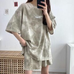 Women's Tracksuits Vintage Khaki Tie Dye Cotton Two Piece Sets Women Comfort Tracksuit 2023Summer Casual Large 2XL Shorts T-shirt Clothes