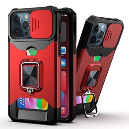Sliding Camera Cover Cell Phone Cases For Iphone 15 Pro Max 14 Plus 13 12 11 ProMax Card Slot Holder Magnetic Kickstand Armour Phone Case Shell