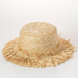 Wide Brim Hats X291 Straw Tassel Decoration Hat Flat Top Sun Cap Shade Protection Travel Summer Panama