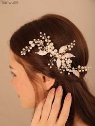 Trendy Bridal Headdress Pearl Rhinestone Bridal Hair Comb Alloy Leaf Wedding Hair Accessories for Women Handmade Brides Tiara L230704