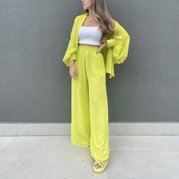 Hot Sell INS Fashion Women Casual Suits Loose Solid Color Lantern Long-sleeved Single Breasted Ladie's Shirt Two-piece Pants Set