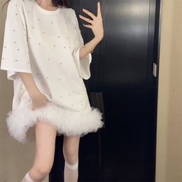 Women's rhinestone T-shirt tulle patch shiny loose cotton bottoming desinger dress