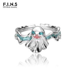 F.I.N.S Original Halloween S925 Sterling Silver Chic Green Enamel Ghost Open Rings for Women Punk Rock Finger Fine Jewelry Gifts