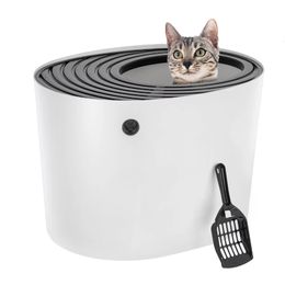 Other Cat Supplies Top Entry Cat Litter Box with Litter Catching Grooved Lid White/Black 230715