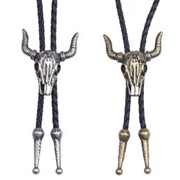 Western Vintage Bolo Tie for Men Cow Skull Design Cowboy Tie Black Leather Bolo Necktie Necklace