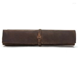 Retro Pencil For CASE Handmade Genuine Leather Roll Up Pen Curtain Bag Pouch Wra