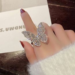 Luxury Design Fashion Jewellery Opening High-grade Copper Inlaid Zircon Butterfly Adjustment Rings for Women Shiny Cocktail Ring