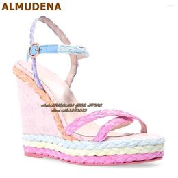 Sandals ALMUDENA Pink Blue Matched Color Wedged Heel Platform Espadrille Rope Braided Dress Shoes Buckle Strap Evening Pumps