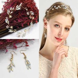 Luxury Leaf Flower Opal Crystal Pearl Heabands Earrings Sets for Bridal Headdress Wedding Engagement Party Jewelry Sets L230704